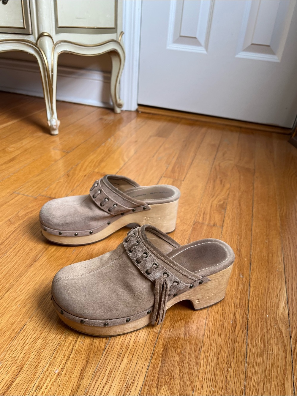 2000s Suede Taupe Clog Mules with Stud and Tassel Detail